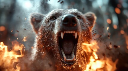 A powerful and fierce bear lets out a roar surrounded by flames, capturing the essence of strength and wildness in an intense, dramatic environment that evokes primal energy.