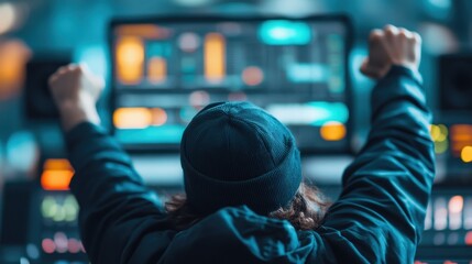 A DJ immersed in creating music within a vibrant studio filled with colorful lights, expressing the joy and energy of the electronic music scene.