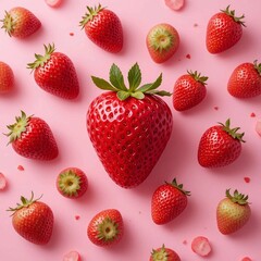 Set of strawberries on a pink background, ripe berries, strawberry still life