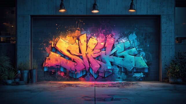 A colorful graffiti of the word SKS is painted on a garage door. The colors are bright and vibrant, giving the image a lively and energetic feel