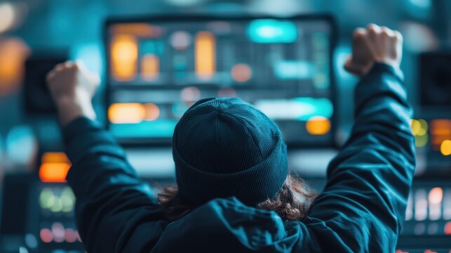 A DJ immersed in creating music within a vibrant studio filled with colorful lights, expressing the joy and energy of the electronic music scene.