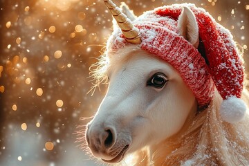 White unicorn horse in a red snow-covered hat, with twinkling New Year lights around