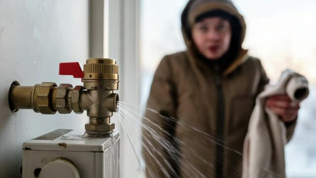 Leaking pipe in house cold winter day. Water leak from pipe needs urgent repair.  Home repair emergency situation for plumbing services.