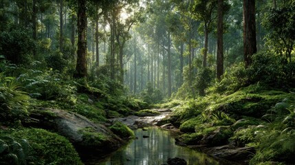 Obraz premium A lush green forest with a stream running through it. The sunlight is shining through the trees, creating a peaceful and serene atmosphere