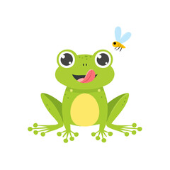 Fototapeta premium Cute green frog catching a fly with its tongue out. The frog has big eyes and a friendly expression, perfect for children's books or educational materials.