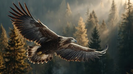A large eagle is flying through a forest with trees in the background. Concept of freedom and power, as the eagle soars through the sky with its wings spread wide