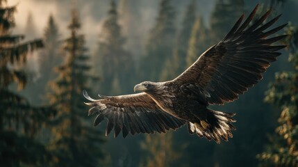 Obraz premium A large eagle is flying through a forest. Concept of freedom and power, as the eagle soars high above the trees. The natural setting and the majestic bird create a feeling of awe and wonder