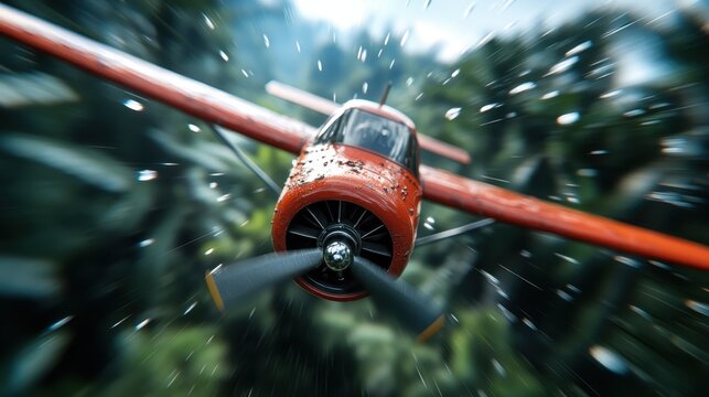 An exhilarating shot of a bright red aircraft zooming through dense green trees, capturing the thrill of aviation in a natural setting.