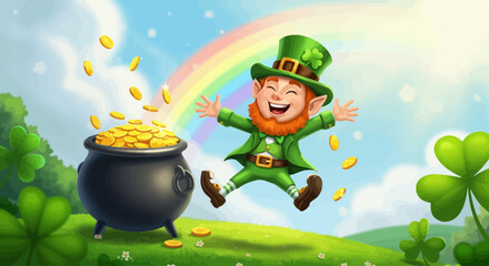 Leprechaun and pot of gold under rainbow