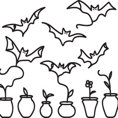 Continuous Line Drawing of Bat in Halloween Pot
