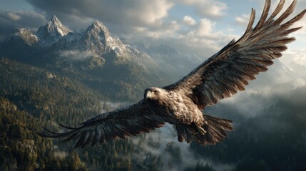 Fototapeta premium A large eagle is flying over a mountain range. The sky is cloudy and the mountains are covered in snow. The eagle is soaring high above the trees, giving the impression of freedom and power