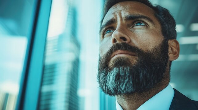 A focused businessman with a beard gazing thoughtfully into the distance, embodying ambition and determination in a sleek, professional environment with a modern backdrop.