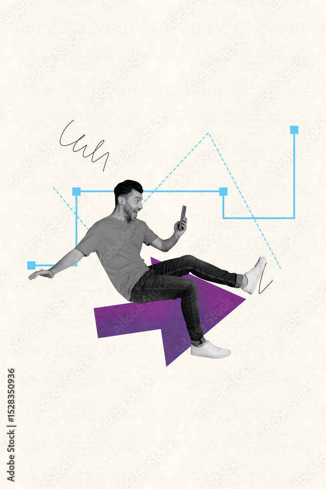 Poster creative banner collage of young worker man hold gadget using on white color background with arrows