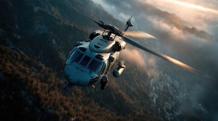 A helicopter is flying in the sky with a cloudy background. The helicopter is in the air and has a large propeller on the right side
