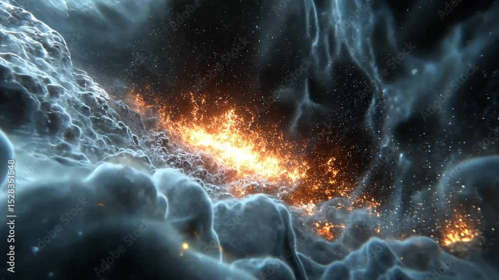 Poster Cosmic Blaze: Abstract visualization of celestial fire, a dynamic, atmospheric scene with vibrant orange flames illuminating an etherial cloudscape.