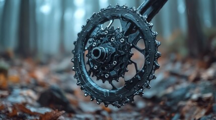Close-up of wet mountain bike drivetrain in a forest