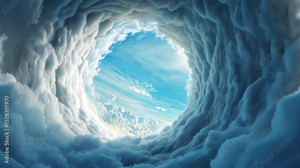Poster celestial gateway: an ethereal tunnel of swirling clouds, opening up to reveal a breathtaking vista 