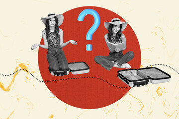 Sketch image trend artwork montage 3D photo collage of twins lady sit prepage baggage read book question voyage journey tourist agency