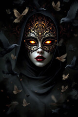 Mysterious woman in black with ornate mask