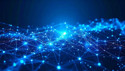 Fototapeta premium A glowing neural network visualization, intricate nodes pulsating with electric blue light against a dark digital grid background 