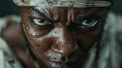 Obraz premium A close-up portrait of a fierce-looking individual, showcasing intense emotions through detailed facial expressions, highlighting strength, resilience, and a captivating gaze.