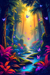 Fantasy forest glowing with colorful light