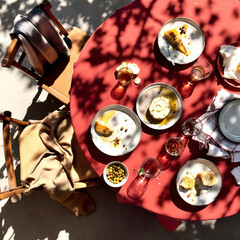 Overhead shot of festive table with holiday food