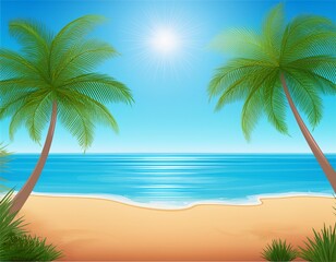 Fototapeta premium view of the sunny beach with a palm tree blue ocean illustration