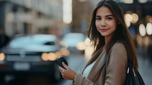 Chic woman with rental car key fob in upscale city street scene during golden hour for luxury service