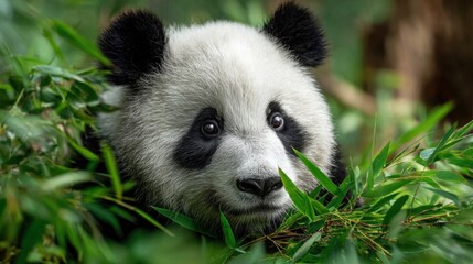 A baby panda is eating bamboo in a forest. The panda is looking at the camera with a curious expression