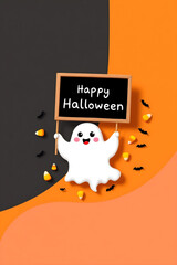 Cute Halloween greeting with ghost and candies