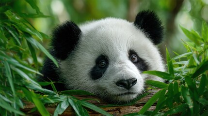 Obraz premium A baby panda is resting on a branch. The baby panda is looking at the camera