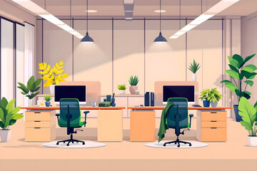 Modern open space office interior with plants