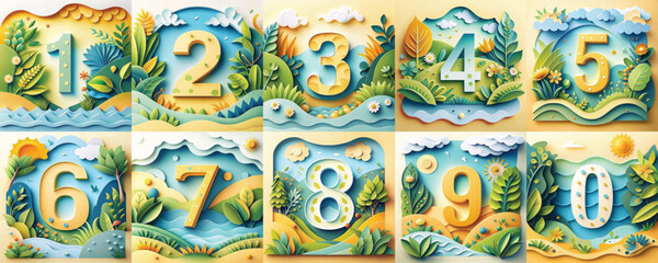 Colorful illustrated numbers surrounded by nature and scenery  