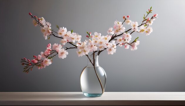 minimalistic bouget with cherry blossom brahch in glass vase