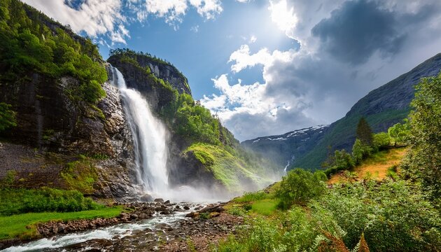 norwegian scenic and spectacular skjervsfossen waterfall in august time granvin norway