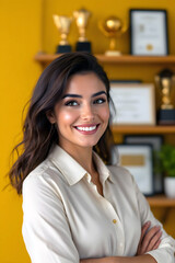 Smiling businesswoman in office with trophies