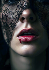 Mysterious woman with veil and red lips