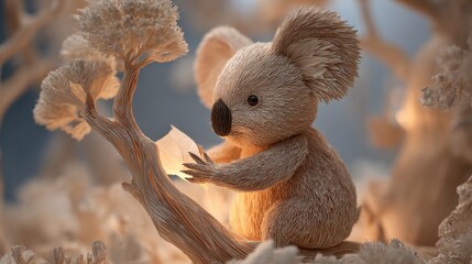 A stuffed koala is sitting on a tree branch holding a piece of paper. The image has a warm and cozy feeling, as if the koala is enjoying a quiet moment in nature