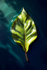 Single green leaf floating on dark water