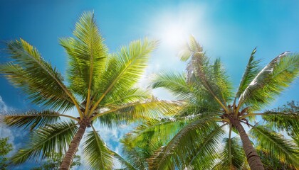 Fototapeta premium dreamy view looking up at palm trees on sunny clear blue sky tropical paradise view sunlight filtering through lush green leaves perfect for beach vacation peaceful travel relax nature photography