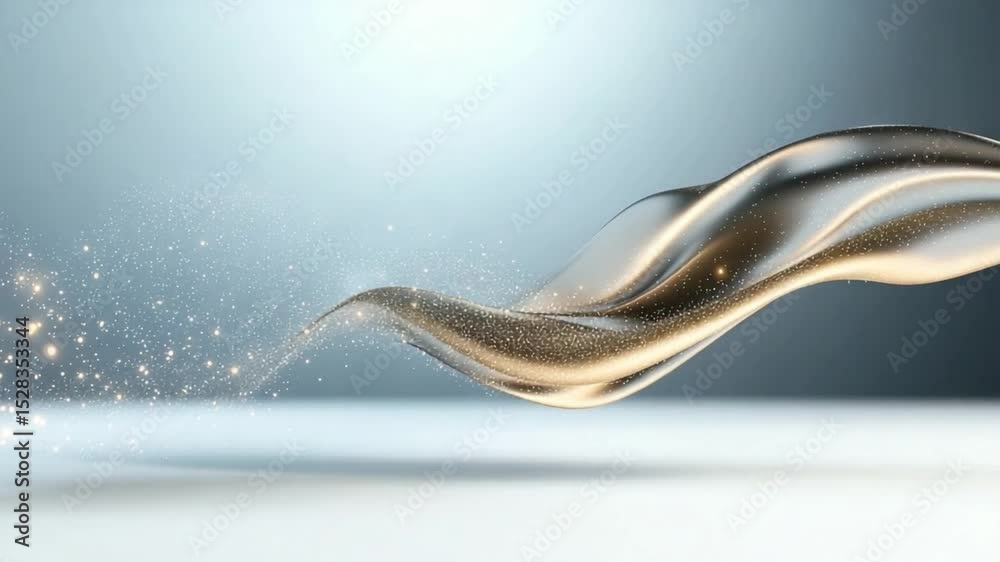 Poster Golden Fabric Flow:  A luxurious, flowing golden fabric gracefully swirls, creating a dynamic and elegant visual with shimmering particles.