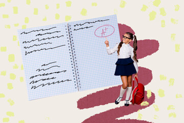 Composite 3D collage trend template design of schoolgirl stand copybook mark success excellent classroom courses education fall knowledge