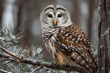 A barred owl perched on a tree branch in the snow