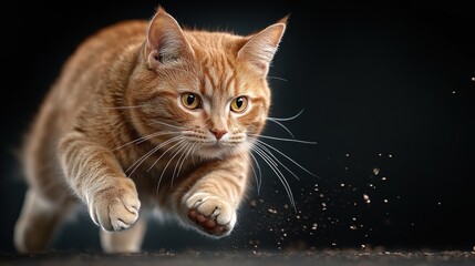 An energetic ginger cat leaps swiftly, showcasing its agility and playful spirit against a dramatic dark background, encapsulating the essence of feline movement and grace.