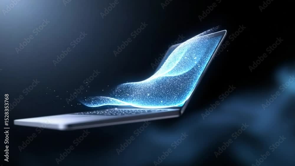 Poster Digital Dream: A futuristic laptop design embodies the dynamic fusion of technology and imagination, showcasing an ethereal display in an innovative and minimalist aesthetic.