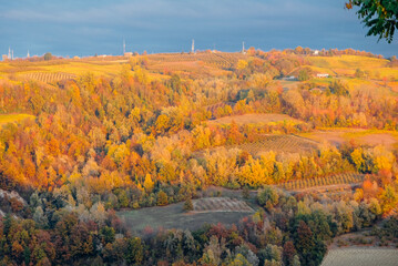 Landscape view of The Langhe, hilly area in Piedmont, northern Italy, famous for its wines, cheeses and truffles. Its one of Unesco World Heritage Sites.