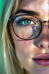 Stylized portrait of woman with glasses and colorful lighting