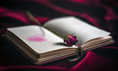 Open book with rose on red satin