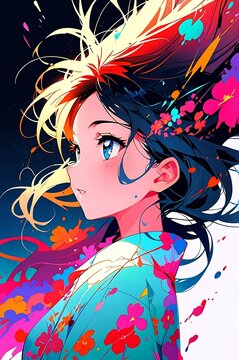 Abstract anime girl with expressive pose, chaotic colors, and surreal artistic energy.
